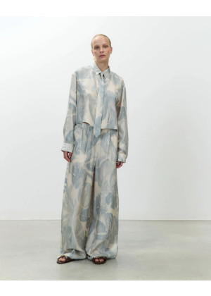 Брюки ALYSI шелковые растительный принт бежево-голубые