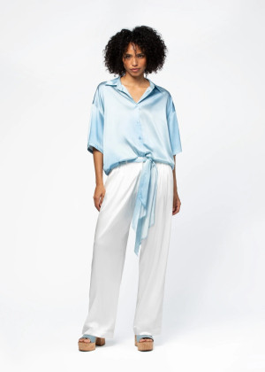 Брюки MAX&MOI BARNI шелковые с голубым поясом белые