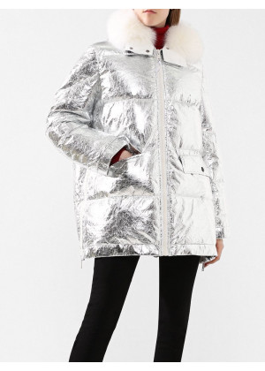 Куртка Yves Salomon с эффектом металлик отделка лиса серебро