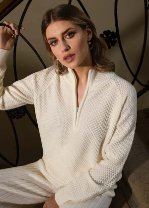 Джемпер Morgano на молнии узорная вязка кремовый 